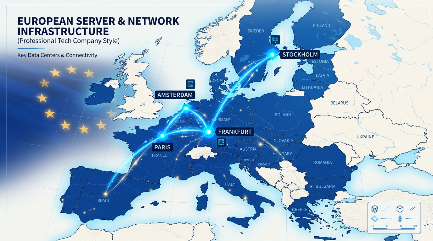 Map of Europe highlighting server locations